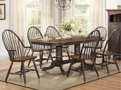 Extendable Solid Wood Dining Table Set with 6 Windsor Chairs