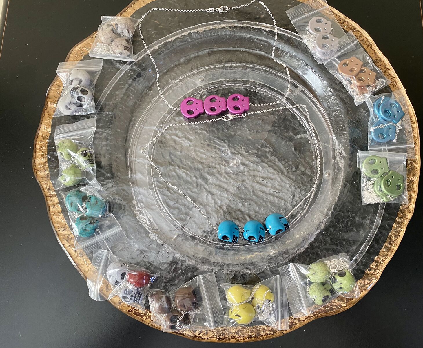 NEW - 3D Skull + 2D Metallic Skull Necklaces- Each One Has 3 Beads on Silver Plated Chains - C PIX