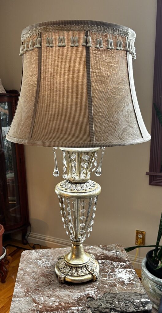 Elegant Crystal Accent Beige Tassle Lamp 34 Tall