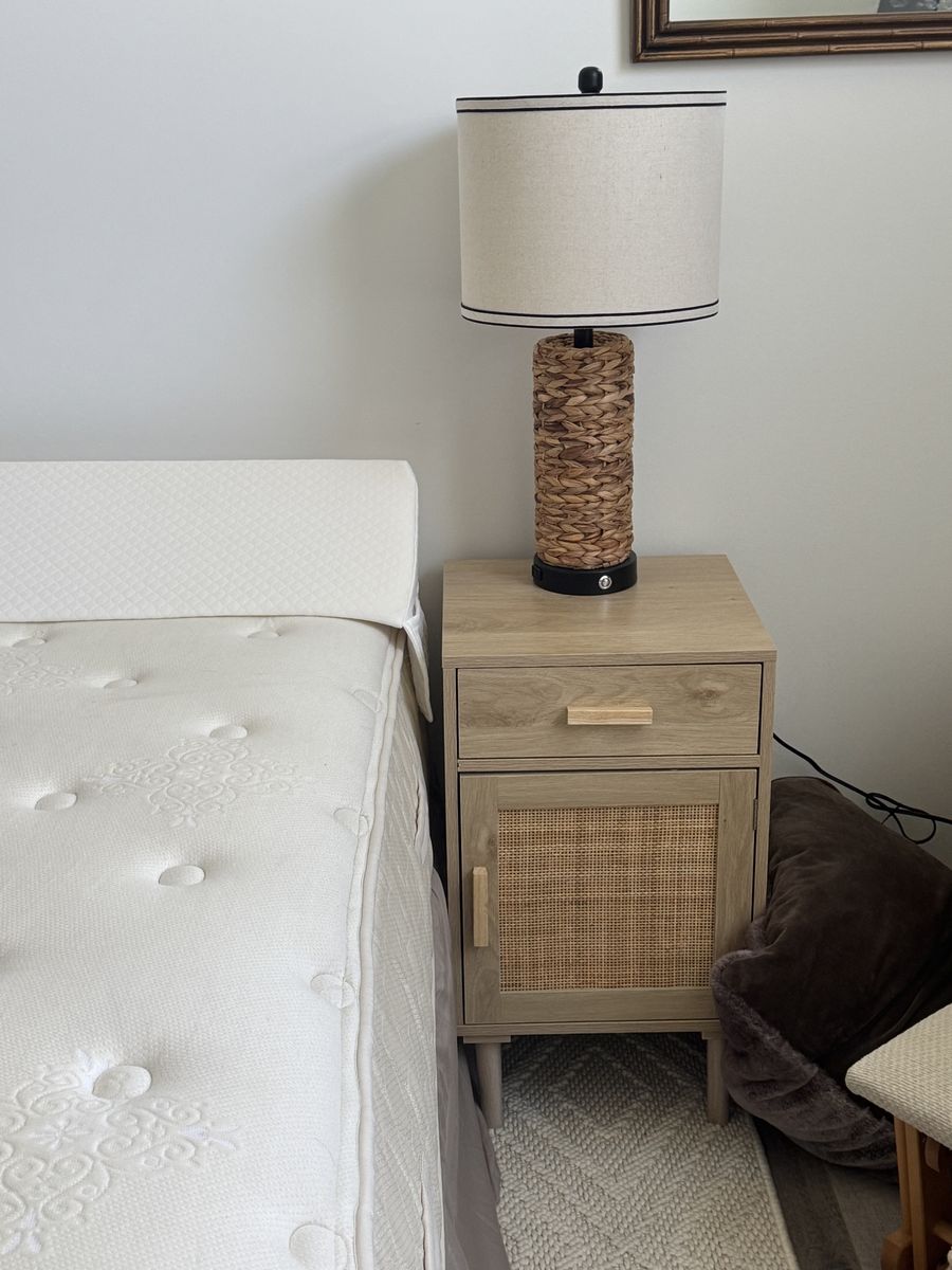 Boho Rattan Nightstand with Drawer & Cabinet - Light Wood Finish, Woven Cane Door