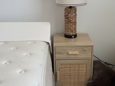Boho Rattan Nightstand with Drawer & Cabinet - Light Wood Finish, Woven Cane Door