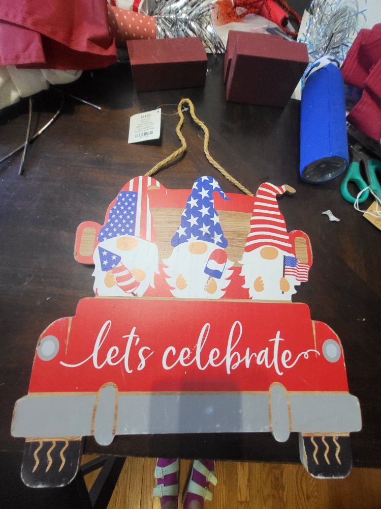 Patriotic Gnomes "Let's Celebrate" Red Truck Wooden Sign, Tiered Tray Decor, Home Decor