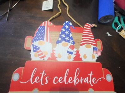 Patriotic Gnomes "Let's Celebrate" Red Truck Wooden Sign, Tiered Tray Decor, Home Decor