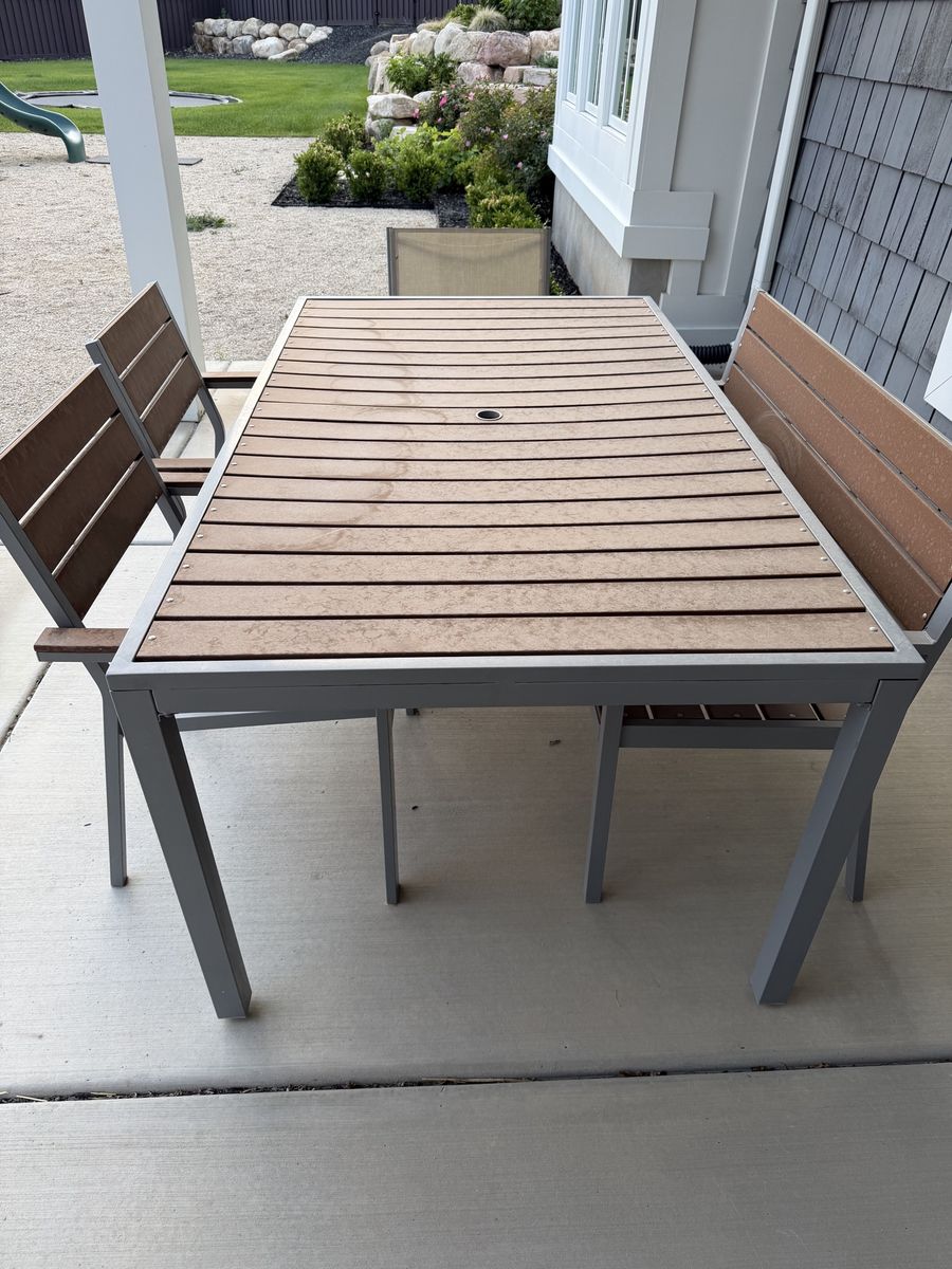 Outdoor Patio Dining Set - Table, 2 Benches, 3 Chairs - Durable Wood & Metal, Umbrella Hole