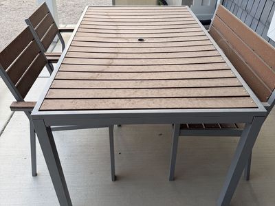 Outdoor Patio Dining Set - $100 OBO - Table, 2 Benches, 3 Chairs - Durable Wood & Metal, Umbrella Hole