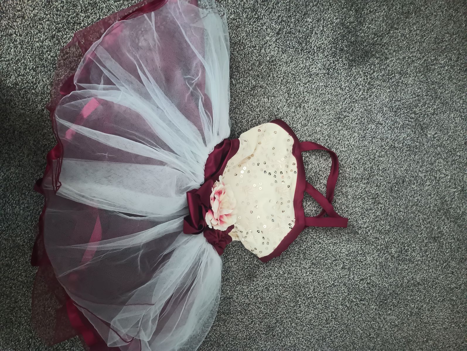 Maroon and white flower ballet costume