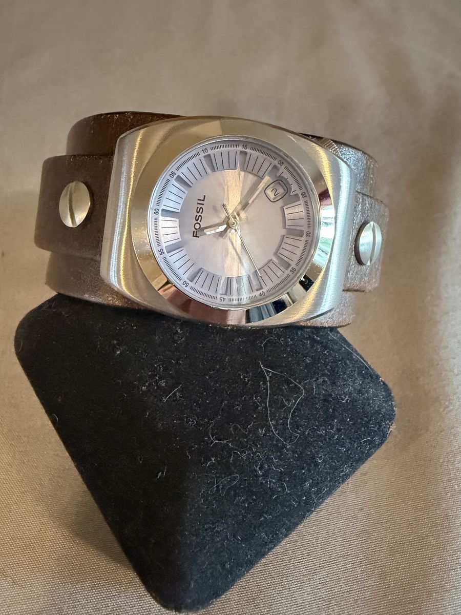 Fossil Silver Tone Quartz Watch with Wide Brown Leather Cuff Band - Women's/Unisex, Date Window