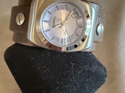 Fossil Silver Tone Quartz Watch with Wide Brown Leather Cuff Band - Women's/Unisex, Date Window