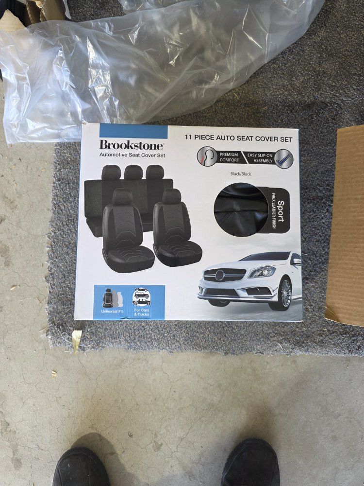 Brookstone 11-Piece Automotive Seat Cover Set - Universal Fit for Car & Truck, Black/Black