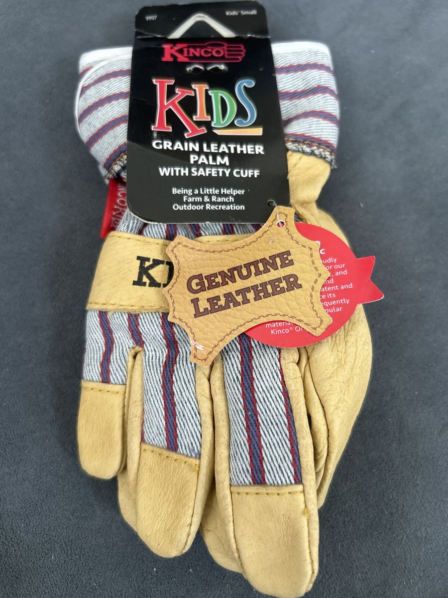 Kinco Kids Grain Leather Palm Work Gloves with Safety Cuff, Size Kids Small NWT