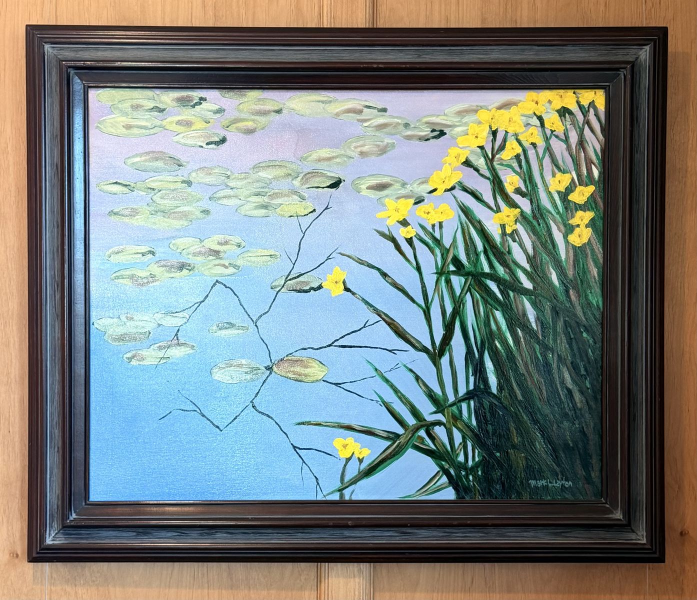 Estate sale - 30" x 24" painting of river lilies with dark brown wood frame