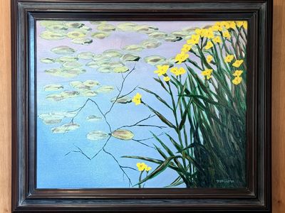 Estate sale - 30" x 24" painting of river lilies with dark brown wood frame