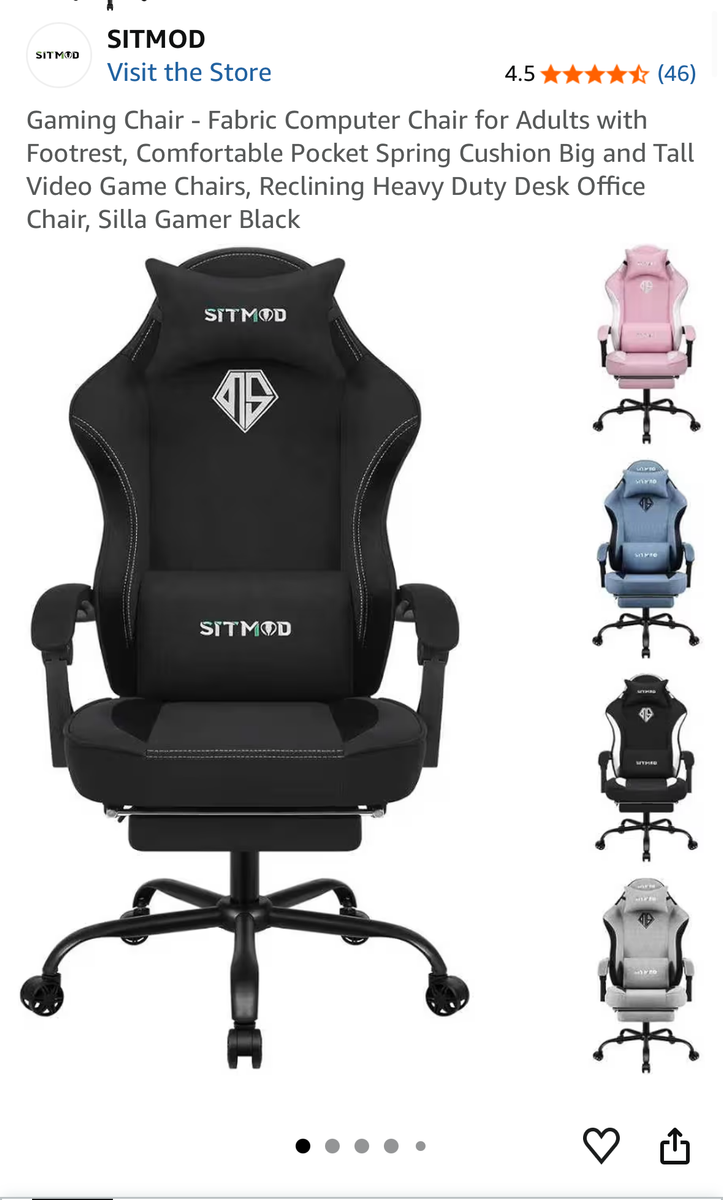 SITMOD Fabric Gaming Chair - Black Reclining Computer Office Chair w/ Footrest & Lumbar Support