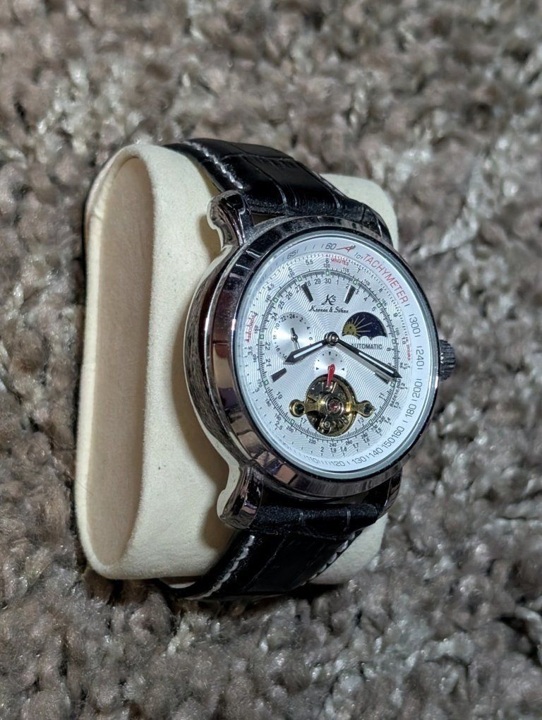 Automatic Watch Tachymeter Moon Phase with Black Leather Band