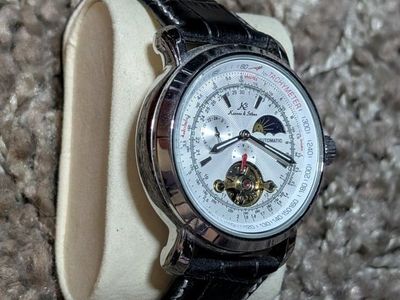 Automatic Watch Tachymeter Moon Phase with Black Leather Band