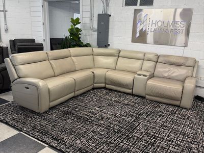 COSTCO GEARHART LEATHER POWER RECLINING SECTIONAL W/ POWER HEADRESTS, CREAM!!