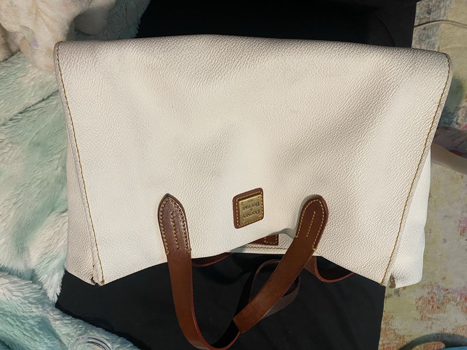 Dooney & Bourke White Leather Tote Bag with Brown Handles