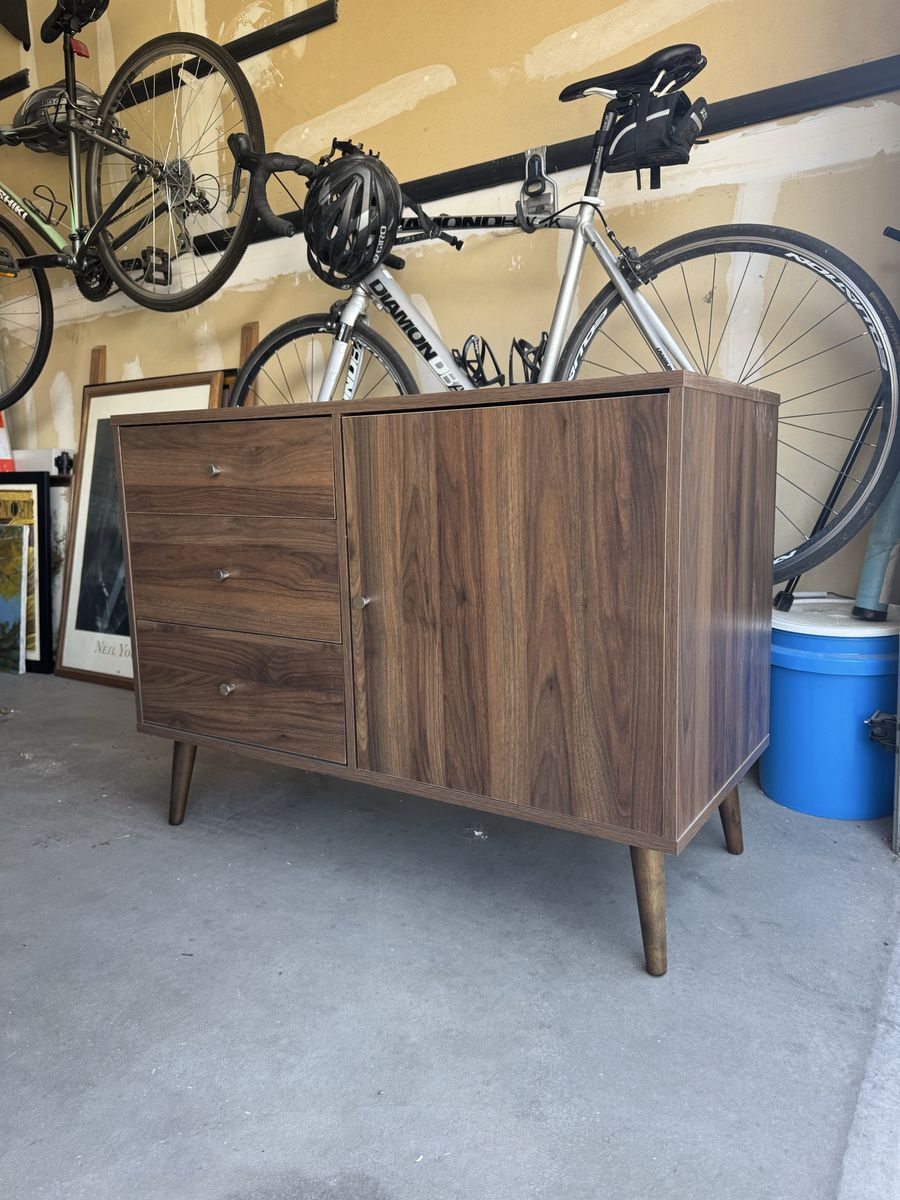 Mid-Century Modern Walnut Sideboard Cabinet - 3 Drawers, Adjustable Shelf, Tapered Legs