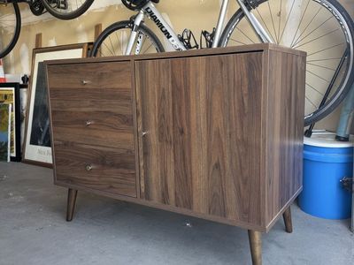 Mid-Century Modern Walnut Sideboard Cabinet - 3 Drawers, Adjustable Shelf, Tapered Legs
