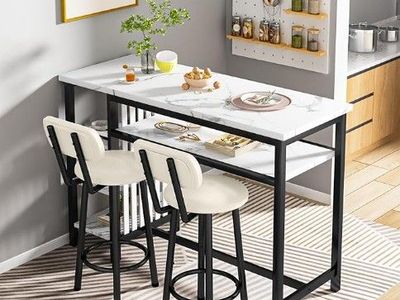 New - AWQM 3 Pc Bar Table & Chairs Set Modern Faux White Marble Table w 2 PU Cushion Bar Stools