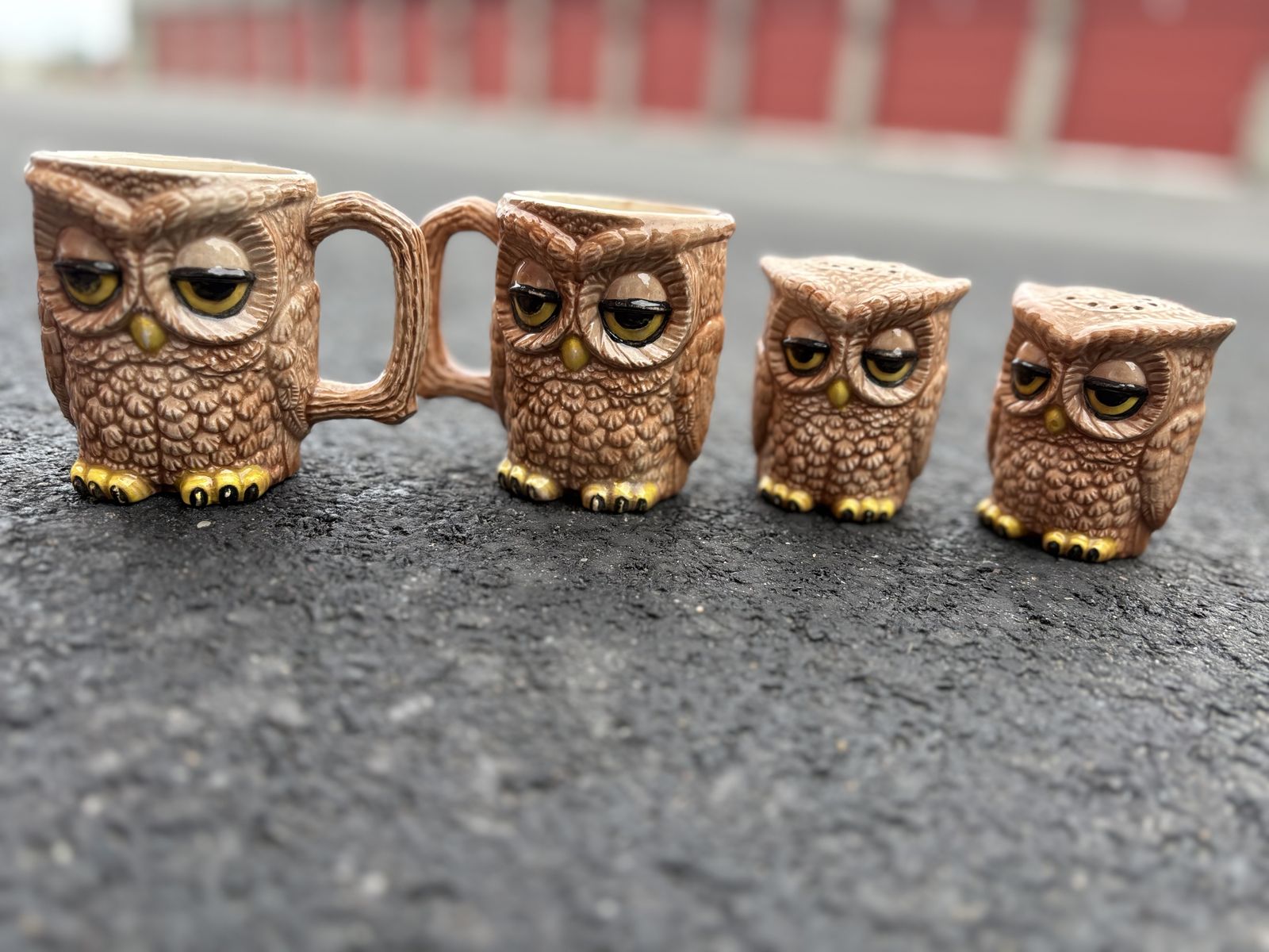 Vintage 1970’s sleepy owl mugs and salt & pepper shakers