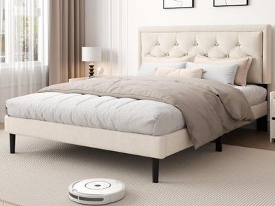 Upholstered Platform Bed Frame *Queen* Beige