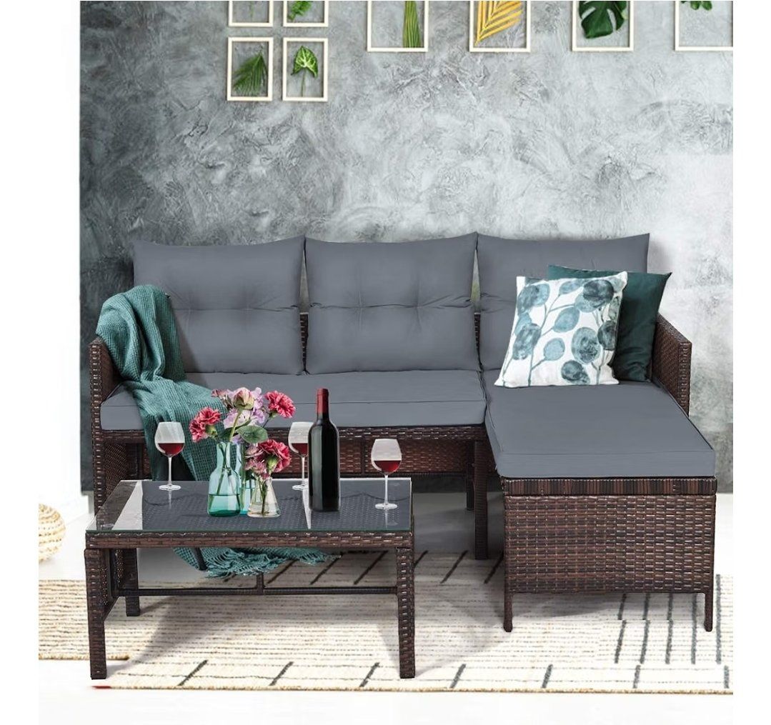 New 3-Piece Outdoor Patio Sectional Sofa Set with Coffee Table – Gray  480 k