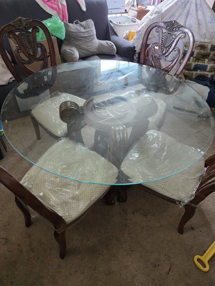 Ornate Wood & Glass Round Dining Table Set with 4 Chairs - Carved Details, Upholstered Seats