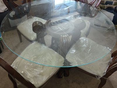 Ornate Wood & Glass Round Dining Table Set with 4 Chairs - Carved Details, Upholstered Seats