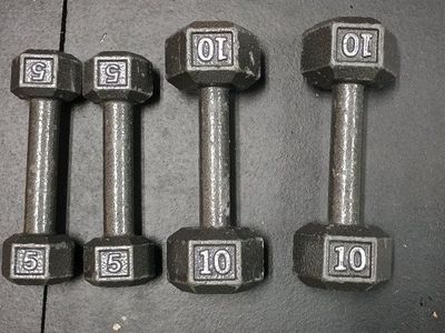 pairs of 5 and 10lb cat iron hex dumbbells