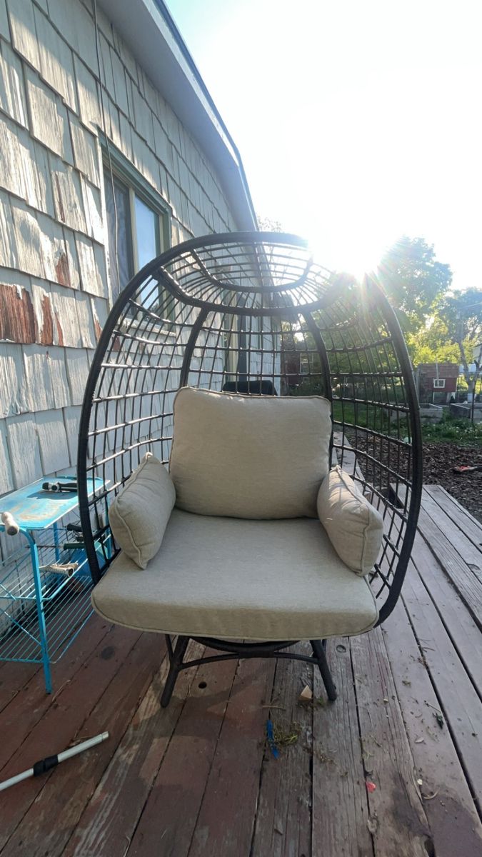 Outdoor Wicker Egg Chair with Beige Cushions