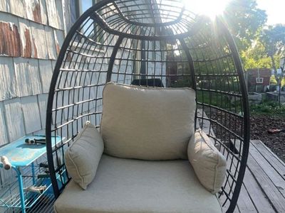 Outdoor Wicker Egg Chair with Beige Cushions