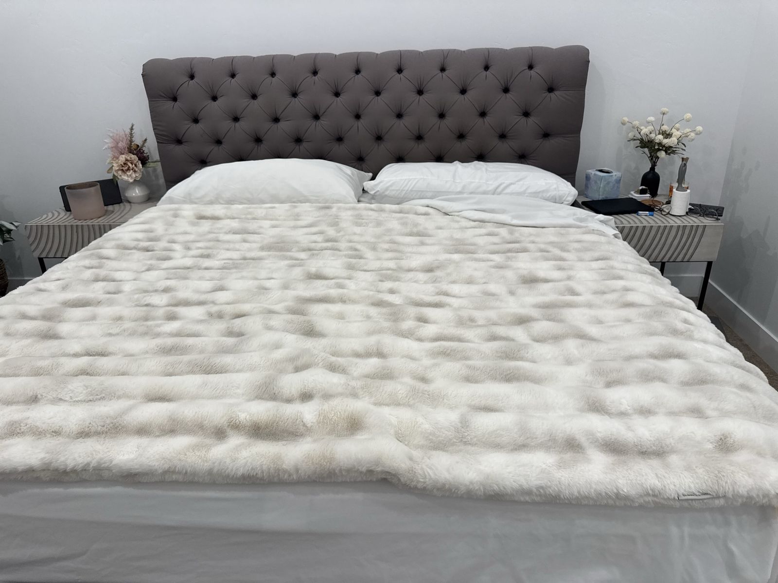 Pottery Barn King Size Charcoal Tufted Upholstered Bed Frame - Chesterfield Style Headboard Included, no mattress