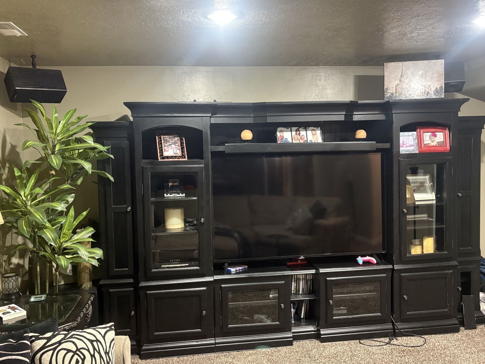 Large Black Wooden Entertainment Center & Wall Unit with Storage Cabinets 