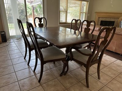 Dark Wood Dining Table & 6 Chairs - Traditional Style, Extendable Leaf