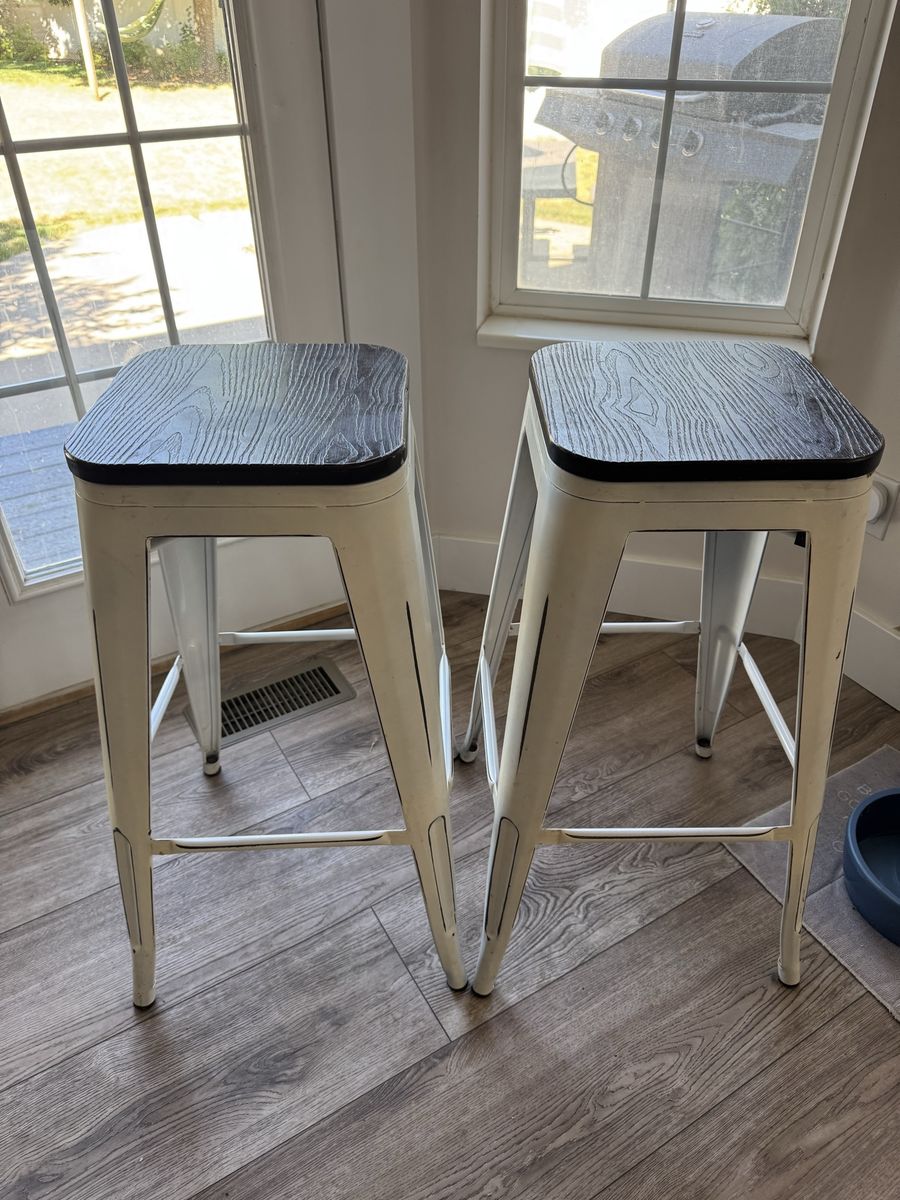 Set of 2 Industrial Style White Metal Counter Bar Stools with Wood Grain Seats