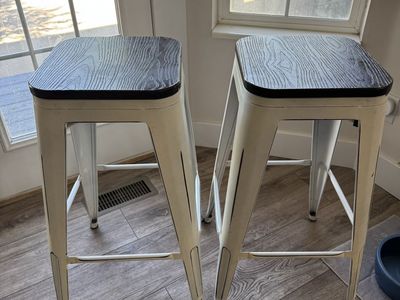 Set of 2 Industrial Style White Metal Counter Bar Stools with Wood Grain Seats