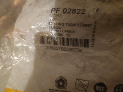 PF 02822 1/2" 90-Degree Long Turn Street Elbow Fitting x Press 4 new bag 1 open bag of ten