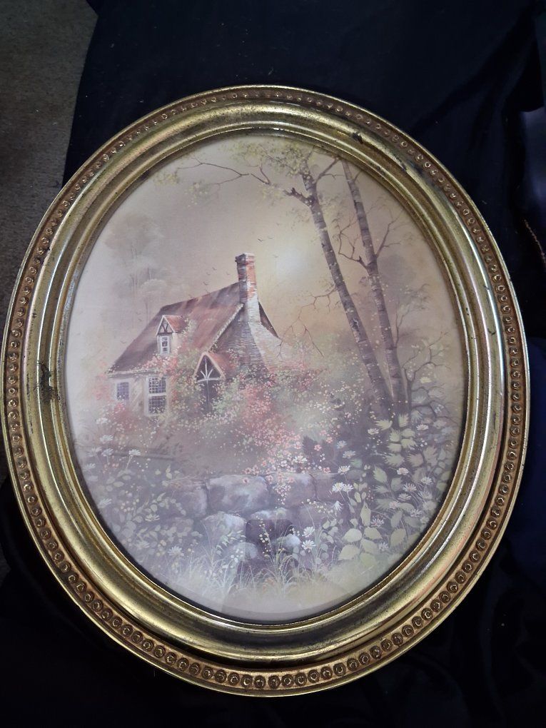 Vintage Oval Framed Country Cottage Landscape Print Art, Gold Frame