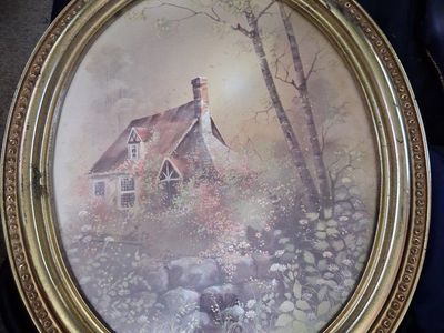 Vintage Oval Framed Country Cottage Landscape Print Art, Gold Frame