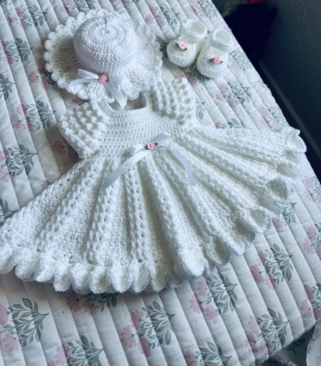 Beautiful white crochet baby dress set
