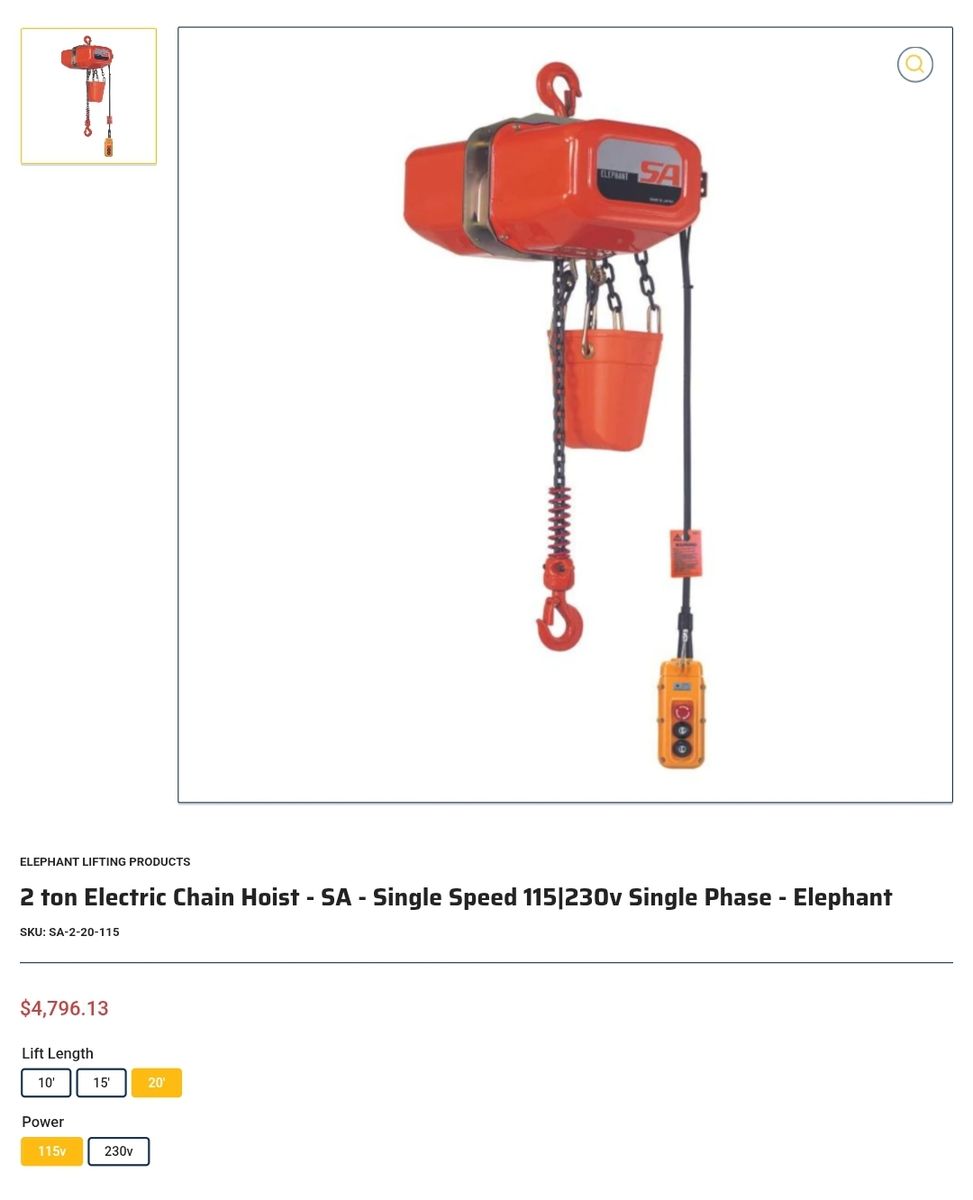 Elephant 2 ton Chain, hoist 115v