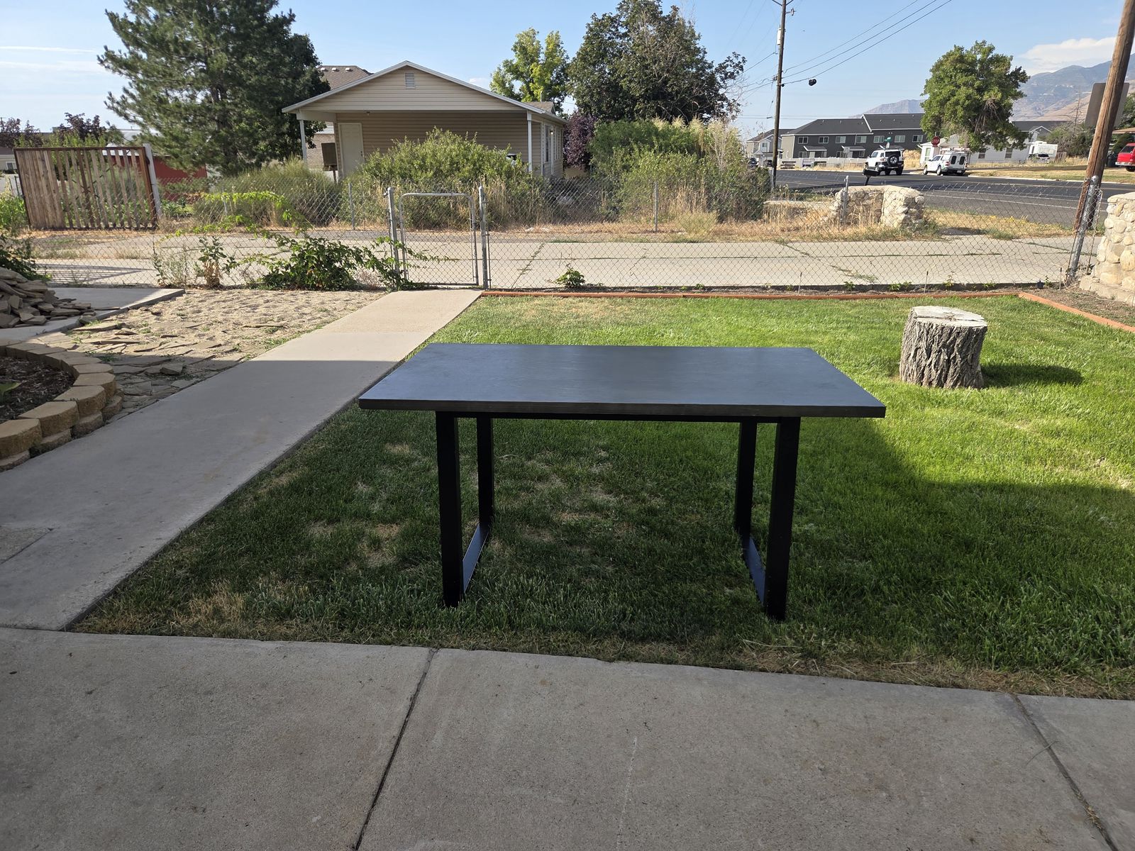Table and a set of chairs.