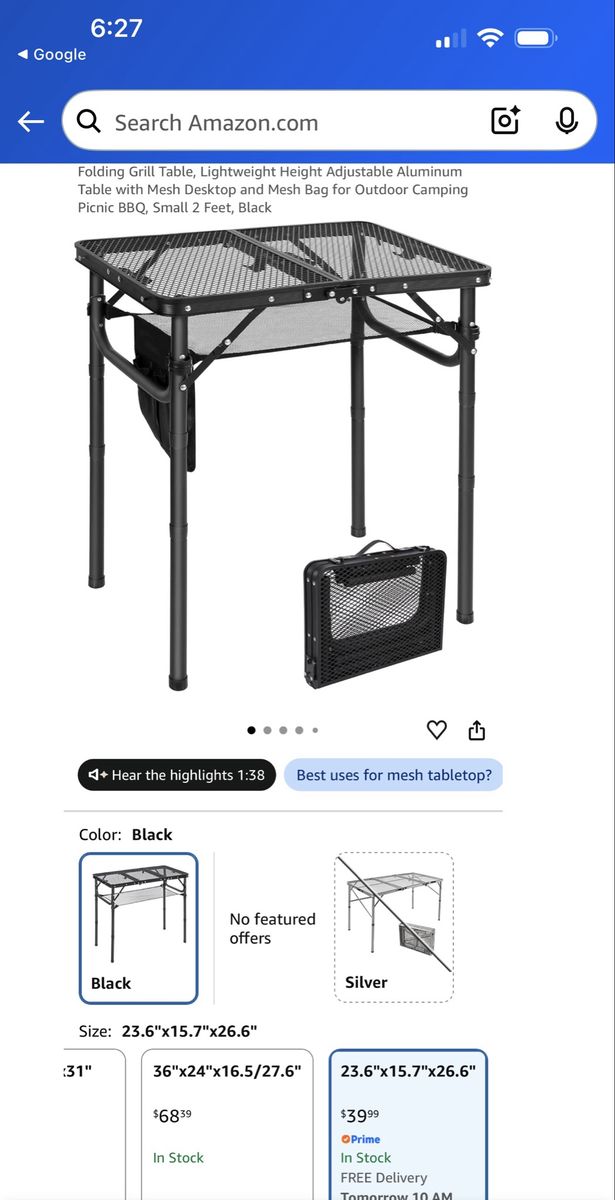 Lightweight Height Adjustable Aluminum Folding Grill Table with Mesh Desktop (Black, 23.6" x 15.7") brand new still in box
