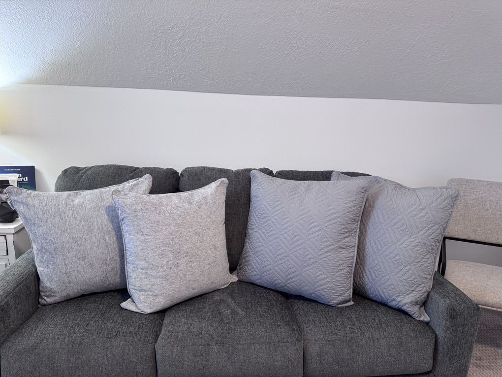 4 Light Gray Throw Pillows - 2 Textured, 2 Quilted