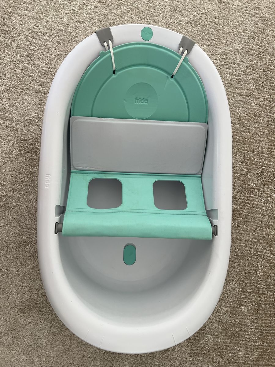 Frida Baby 4-in-1 Grow-With-Me Bathtub, White/Mint, Infant to Toddler, Adjustable Support