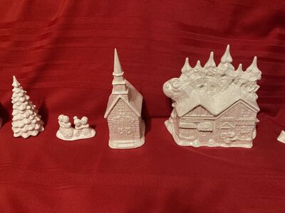 Vintage Christmas Ceramic White Frost Glaze Village Set