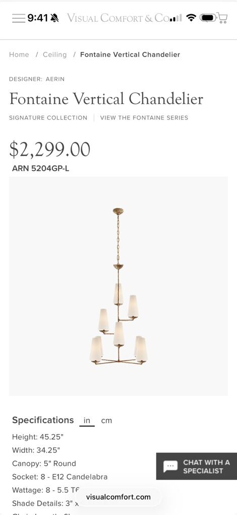 Fontaine Chandelier Retail $2,199