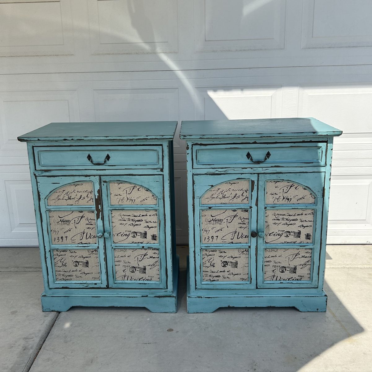 Pair of Distressed Teal Blue French Script Accent Cabinets / Nightstands