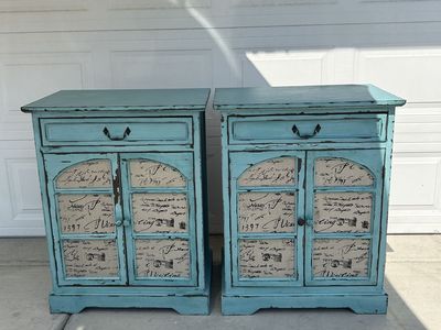 Pair of Distressed Teal Blue French Script Accent Cabinets / Nightstands